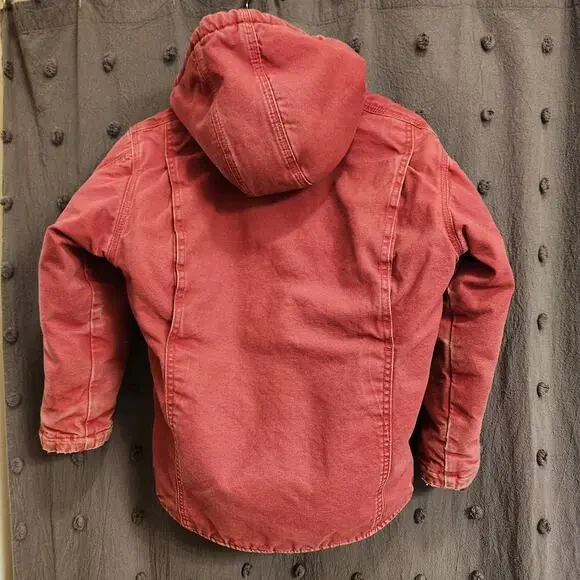 BERNE Duck Canvas Jacket Youth Medium R 10-11 Pink Sherpa Lined Hood Pocket Barn - Picture 3 of 12